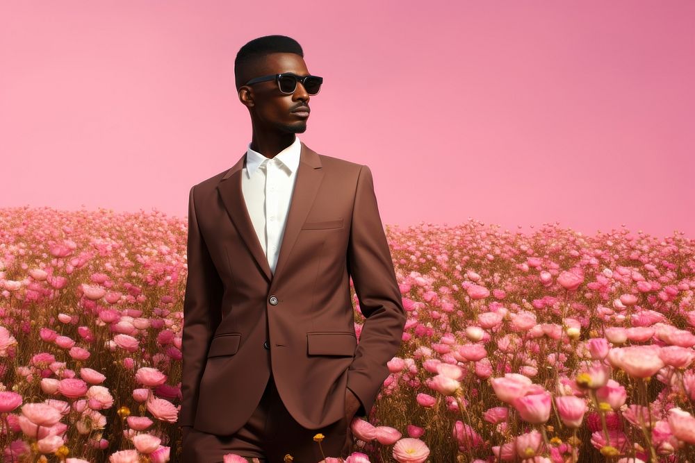 Fashionable Half African American Black man Model flower sunglasses standing. AI generated Image by rawpixel.