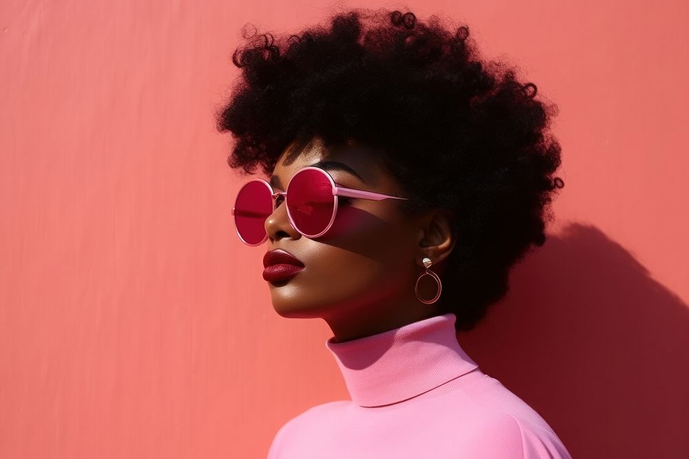 A fat black women wear fashionable pink sunglasses portrait adult photo. AI generated Image by rawpixel.