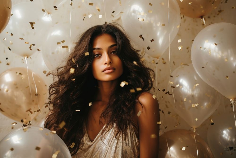 Mixed south asian glitter and balloons birthday portrait looking. AI generated Image by rawpixel.