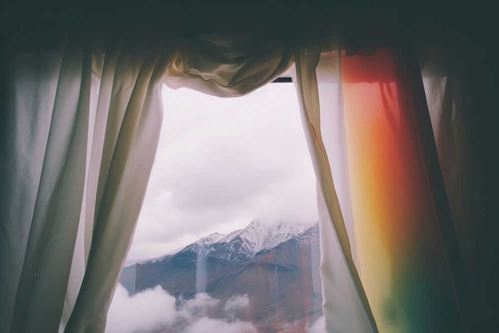 The inside of a tent with a view of the mountain curtain nature window. AI generated Image by rawpixel.