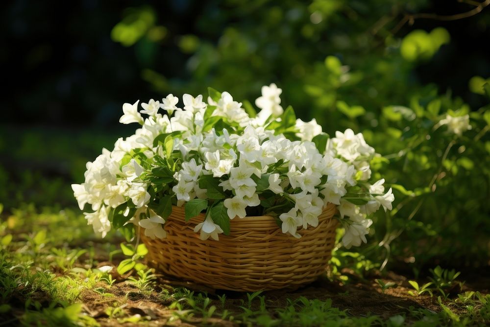 Jasmine flower basket outdoors. AI generated Image by rawpixel.