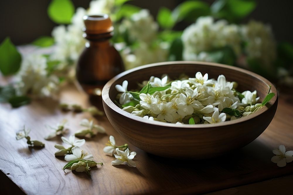 Jasmine flower bowl blossom. AI generated Image by rawpixel.