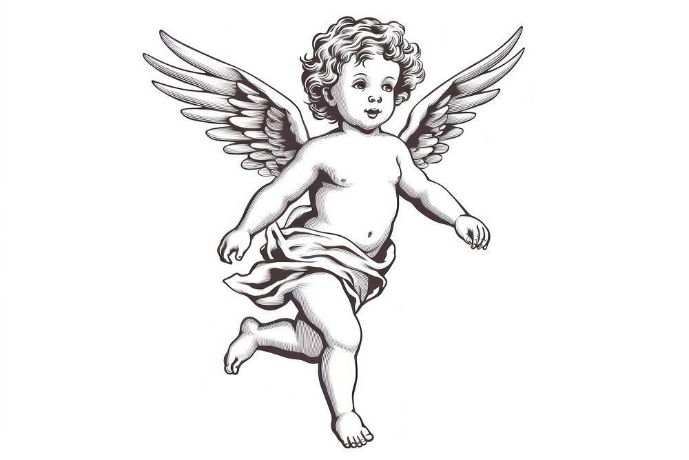Flying cherub drawing sketch angel white background. AI generated Image by rawpixel.