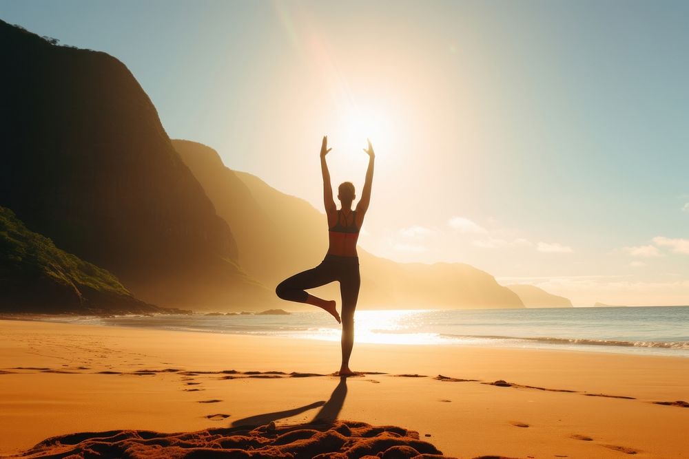 A woman stretching yoga sunlight sports. AI generated Image by rawpixel.