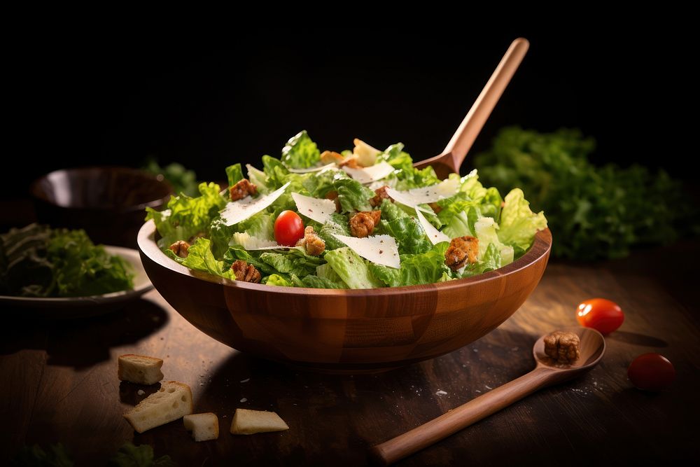 Ceasar salad food bowl wood. AI generated Image by rawpixel.