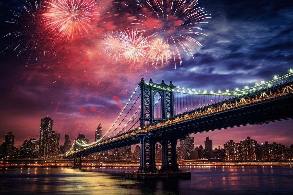 Manhattan bridge architecture cityscape fireworks. AI generated Image by rawpixel.