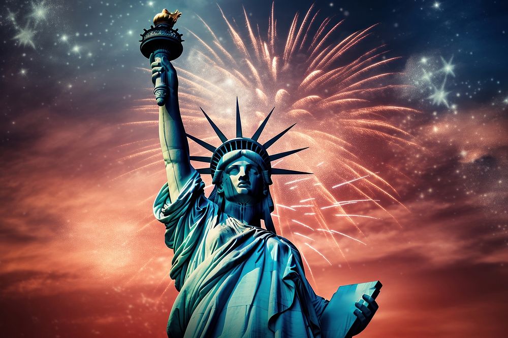 Statue of liberty fireworks sculpture blue. AI generated Image by rawpixel.