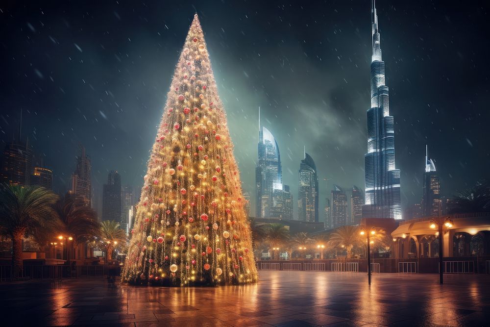 Christmas tree architecture building night. AI generated Image by rawpixel.