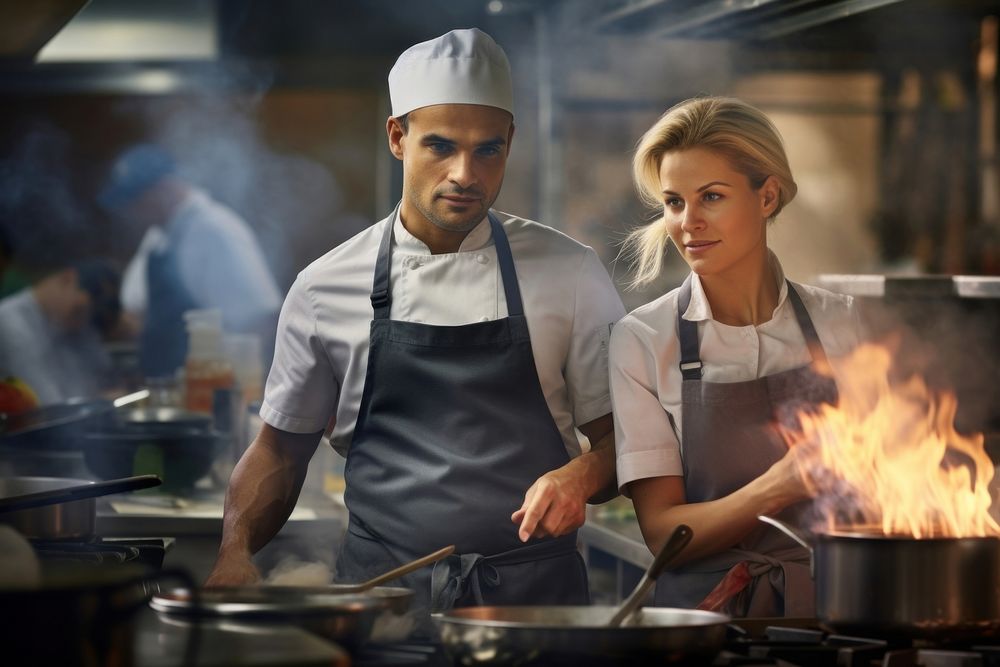 A chef and a cook working in a kitchen cooking adult food. AI generated Image by rawpixel.