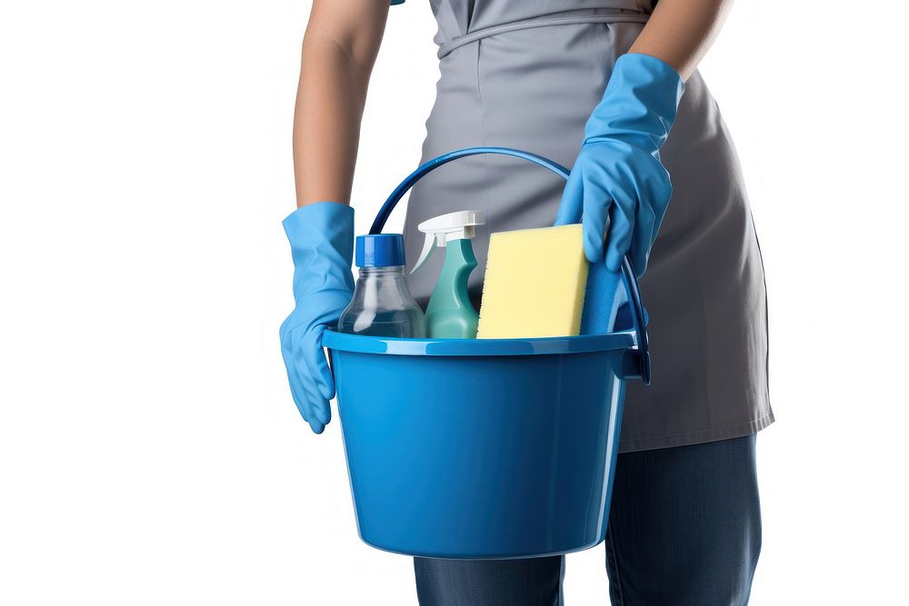 Cleaning set bucket hand white background. AI generated Image by rawpixel.