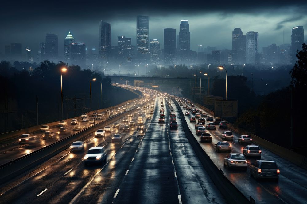 A heavy traffic highway architecture metropolis cityscape. AI generated Image by rawpixel.