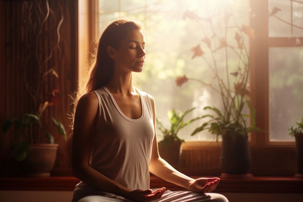 Doing yoga therapy sitting sunlight adult. AI generated Image by rawpixel.