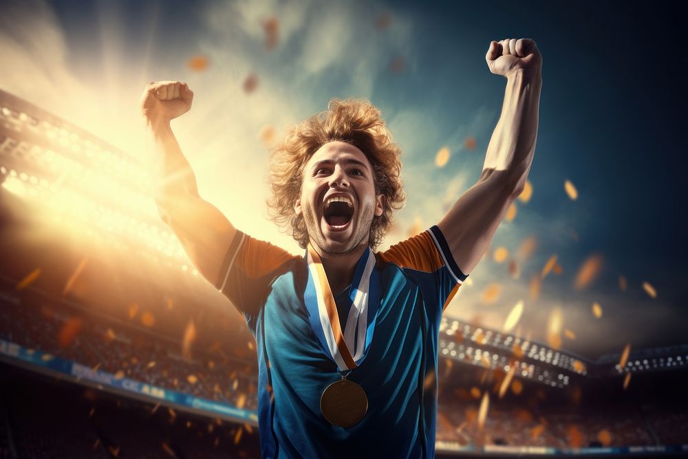 Holding a trophy cheering person adult. AI generated Image by rawpixel.