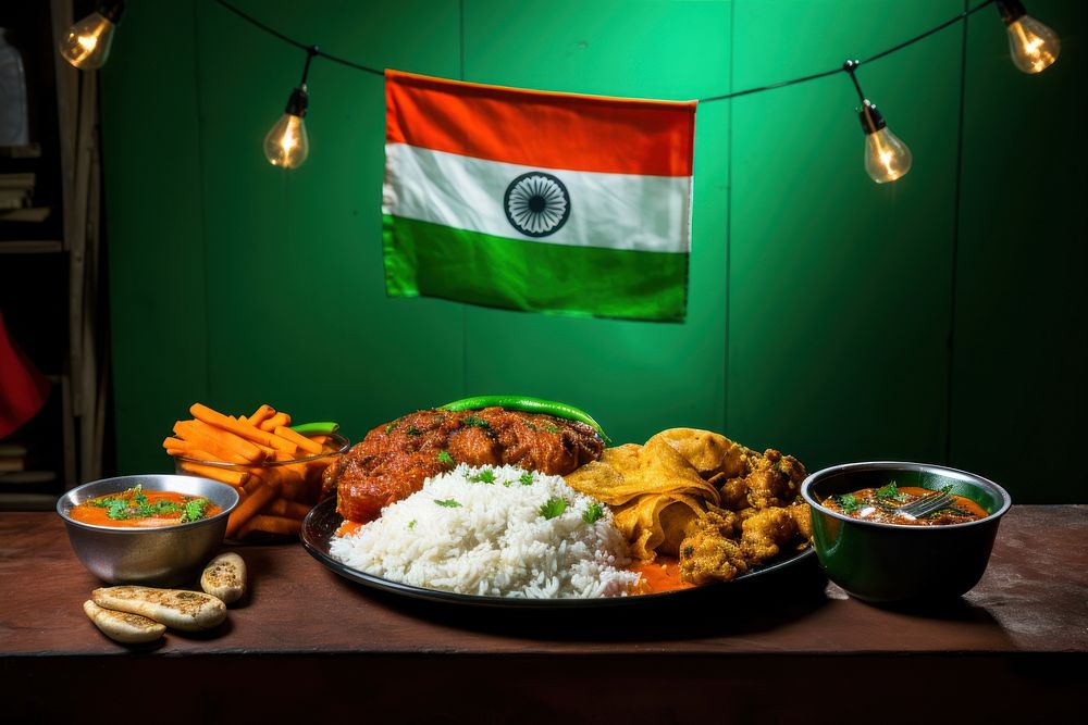 Indian food flag meat vegetable. 