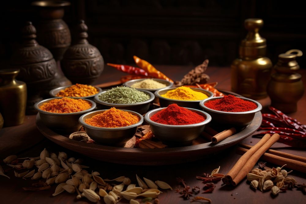 Indian spices in bowls food arrangement ingredient. AI generated Image by rawpixel.