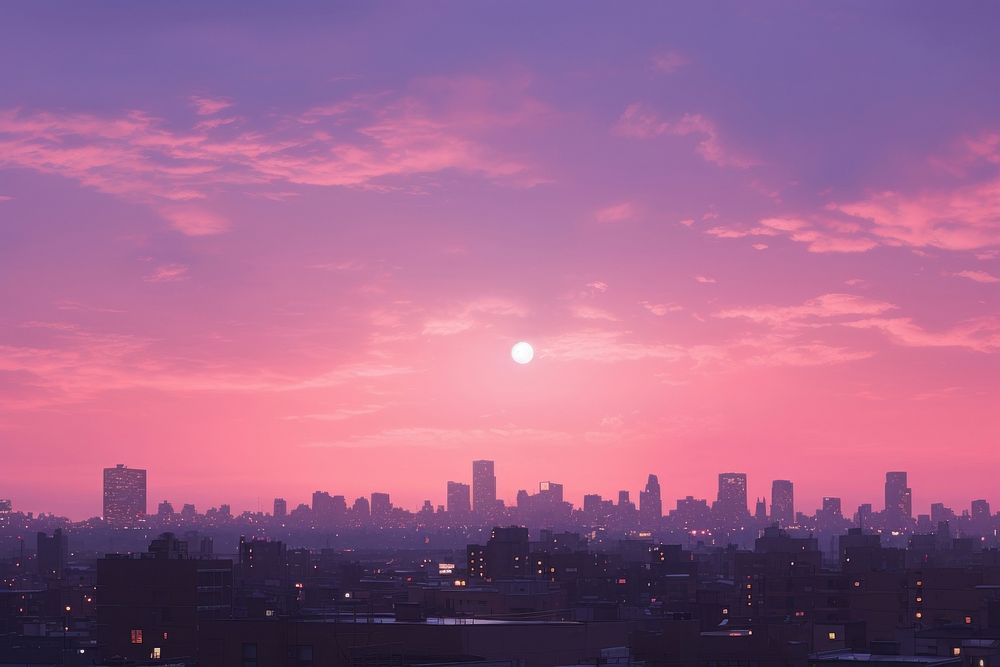 City and a evening pink sky architecture cityscape building. AI generated Image by rawpixel.