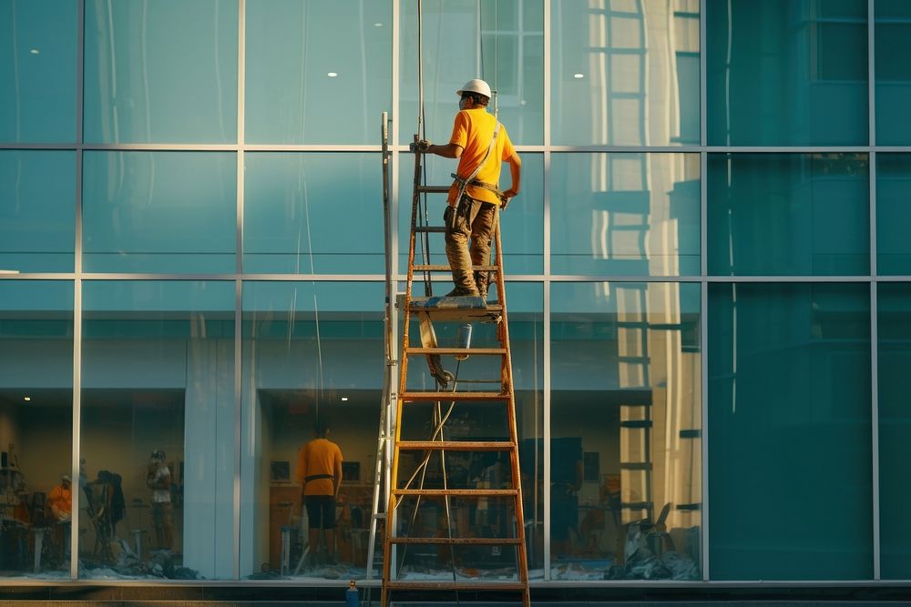 Cleaning service building window helmet. 