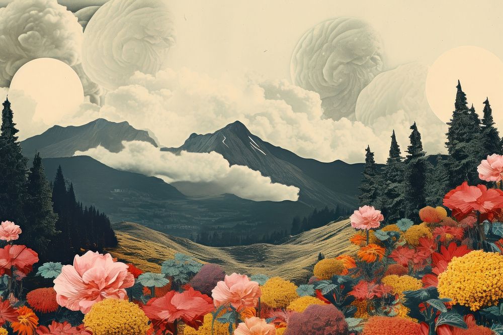 Flowers and mountain tree landscape outdoors. AI generated Image by rawpixel.
