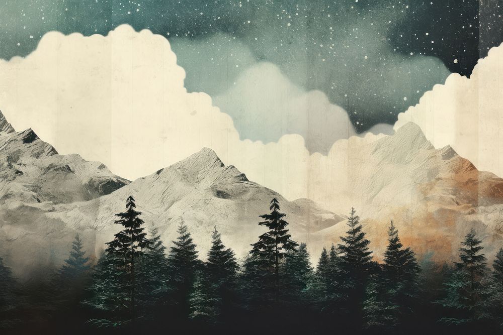 Snow caped mountain forest tree landscape. AI generated Image by rawpixel.