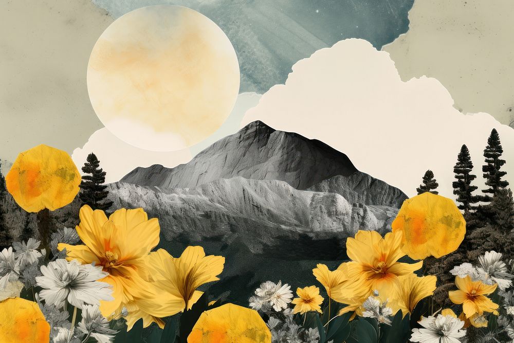Yellow flowers and mountain outdoors painting nature. AI generated Image by rawpixel.
