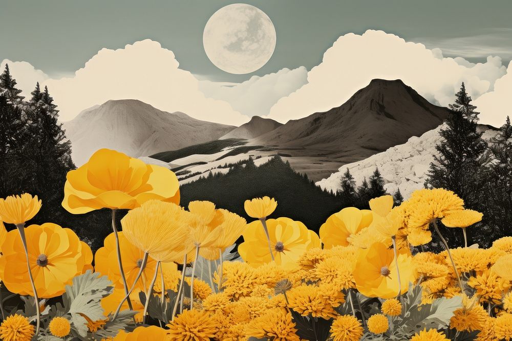 Yellow flowers and mountain landscape outdoors nature. AI generated Image by rawpixel.