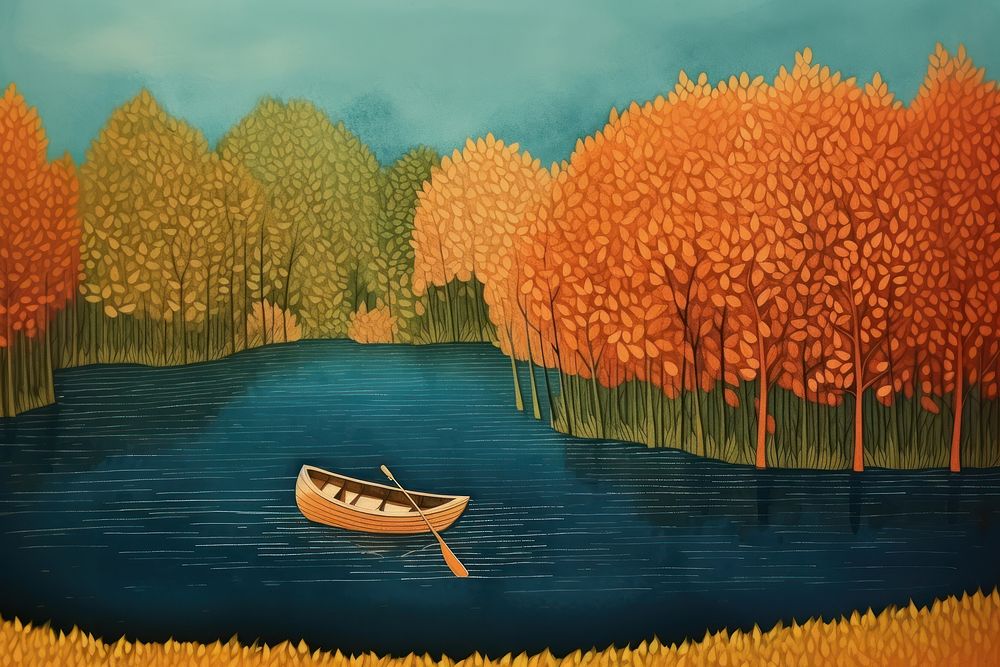 Boat on a lake in the hilly forest landscape painting outdoors. AI generated Image by rawpixel.