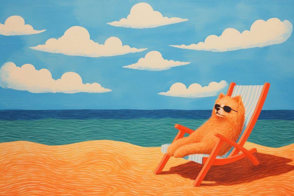 Dog chilling on the beach painting outdoors cartoon. AI generated Image by rawpixel.
