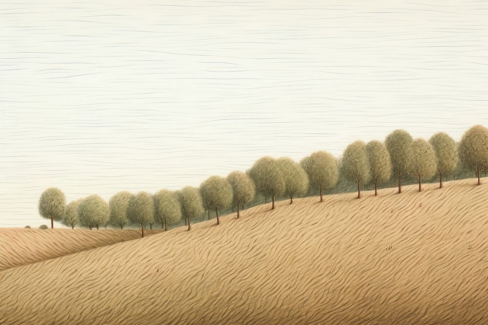 Farm fields on a hill with trees landscape outdoors nature. AI generated Image by rawpixel.