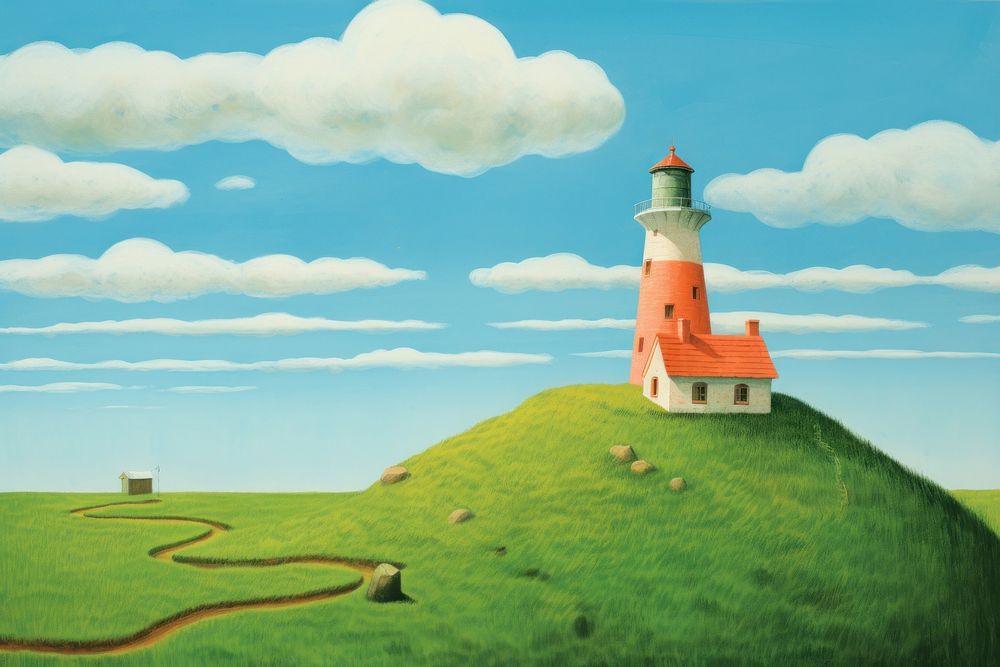 Light house on a grassy island architecture lighthouse landscape. AI generated Image by rawpixel.