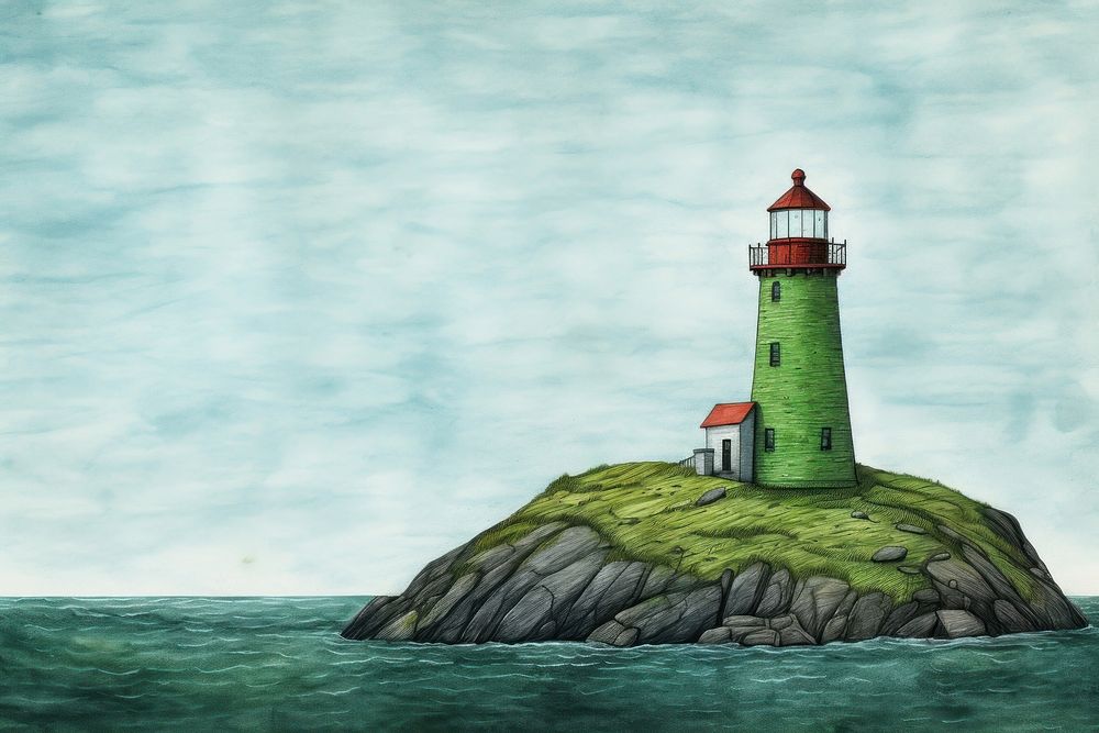 Lighthouse on a green island architecture building outdoors. AI generated Image by rawpixel.