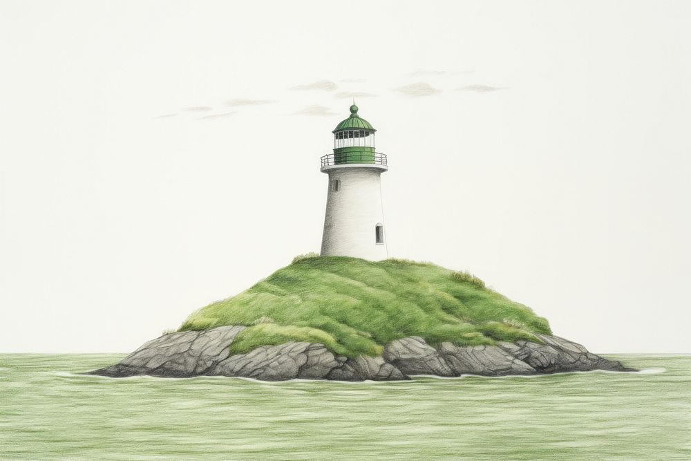 Lighthouse on a green island outdoors drawing nature. AI generated Image by rawpixel.