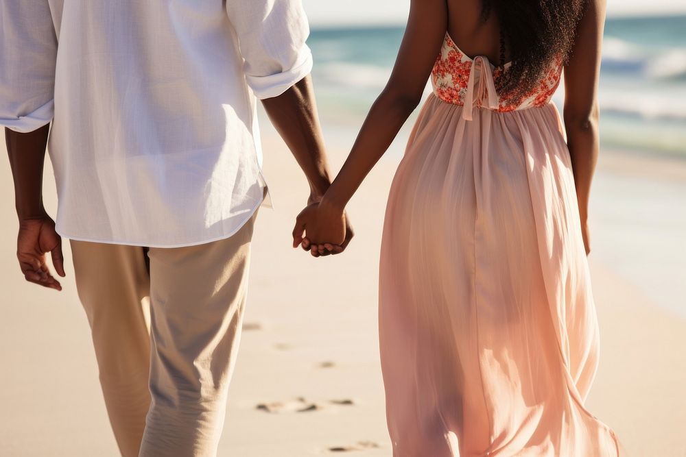 Black couple hand walking beach. AI generated Image by rawpixel.