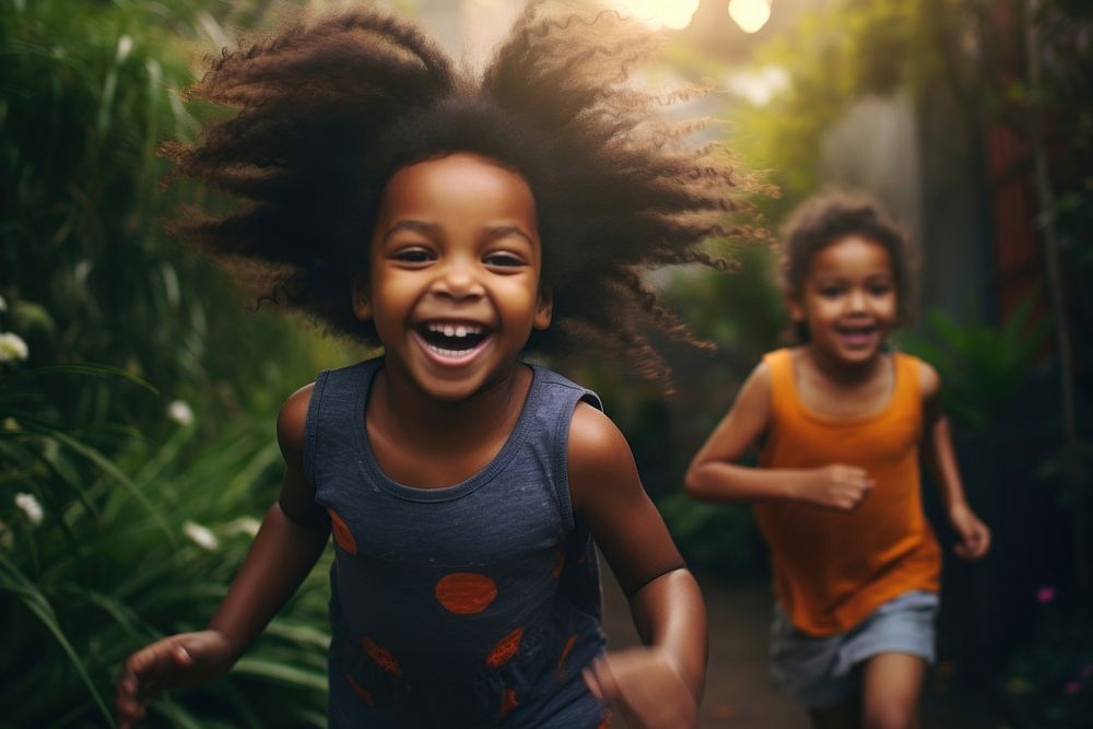 Black sibling kids running and laughing together child togetherness friendship. AI generated Image by rawpixel.