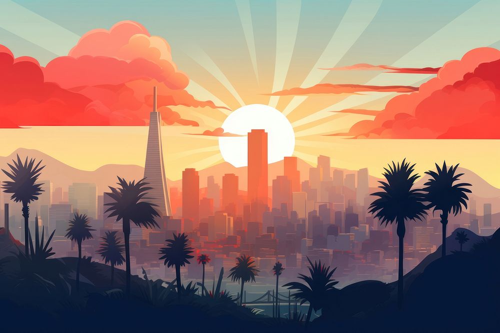 American city sunset architecture landscape. AI generated Image by rawpixel.