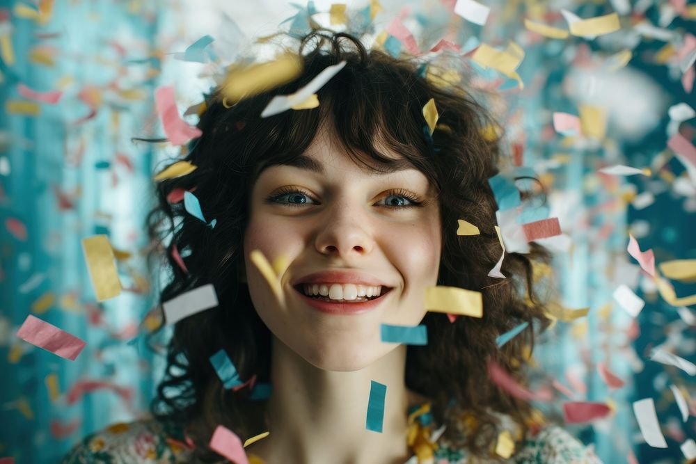 Ribbon confetti portrait person smile. AI generated Image by rawpixel.