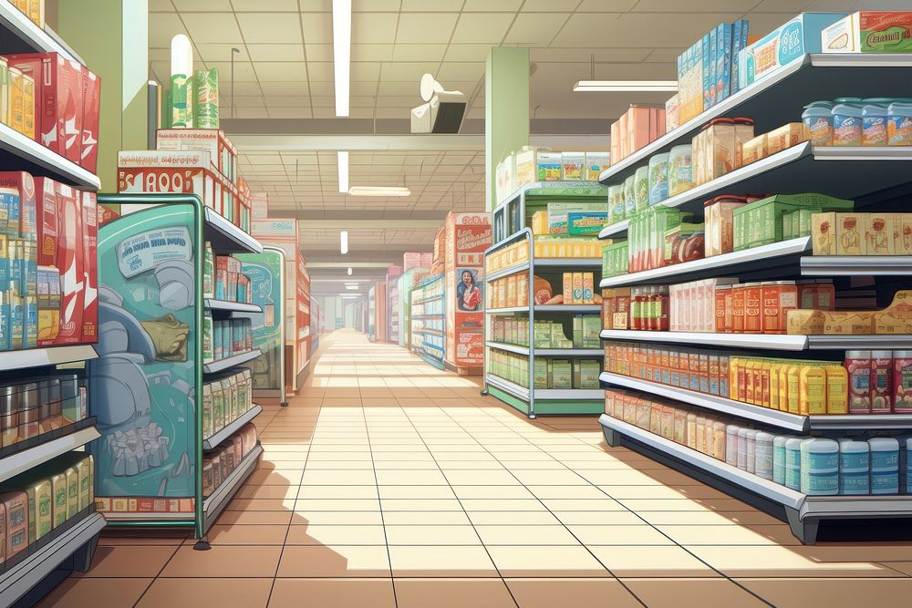 Supermarket aisle supermarket architecture consumerism. AI generated Image by rawpixel.