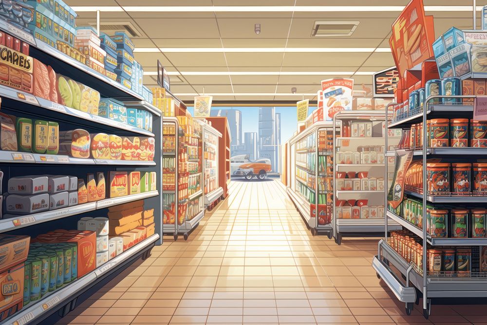 Supermarket aisle supermarket food architecture. AI generated Image by rawpixel.