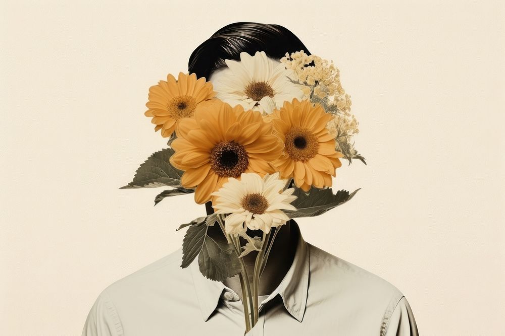 Man with flower face sunflower plant asteraceae. AI generated Image by rawpixel.