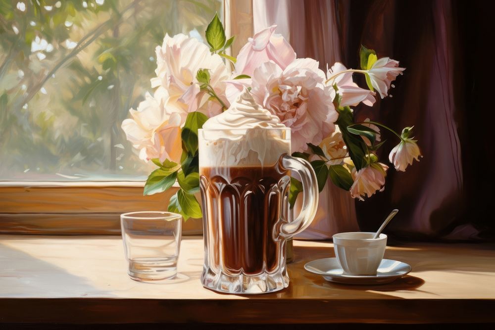 Iced mocha with cream painting coffee flower. AI generated Image by rawpixel.