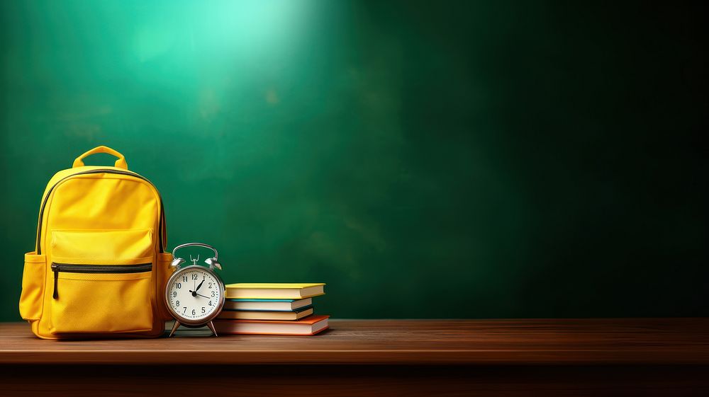 Backpack yellow clock table. AI generated Image by rawpixel.
