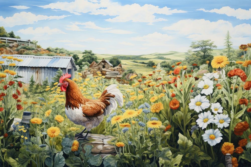 Chicken farm outdoors painting poultry. AI generated Image by rawpixel.