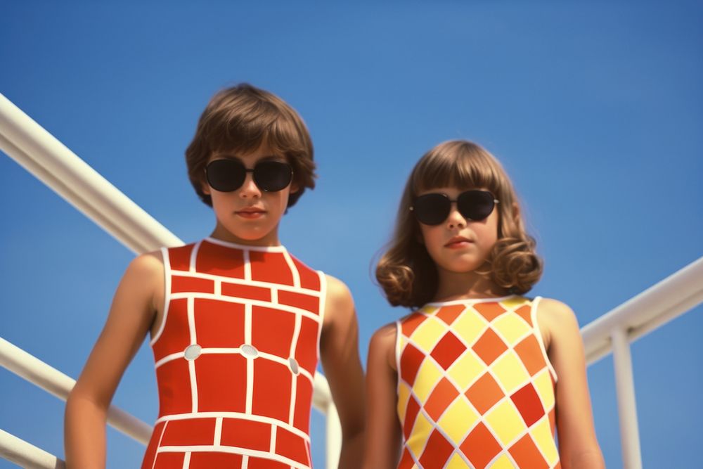 2 kids in swimsuits sunglasses portrait fashion. AI generated Image by rawpixel.