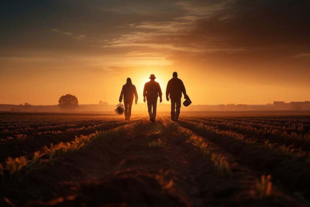 Three farmers go ahead on a plowed field at sunset outdoors walking nature. AI generated Image by rawpixel.
