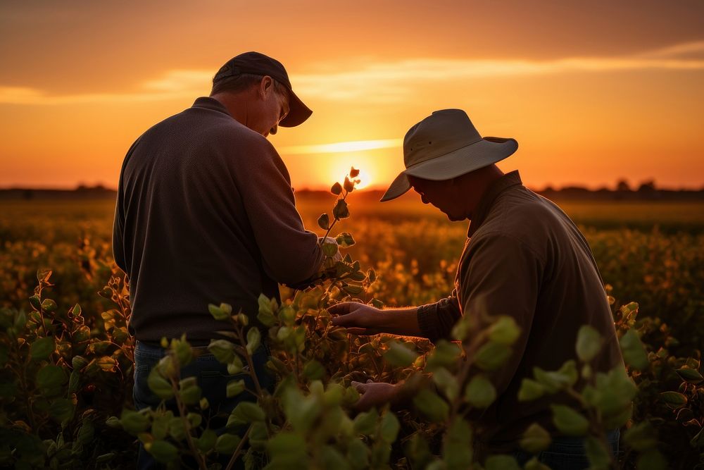 Two farmers in a field examining soy crop at sunset outdoors nature adult. AI generated Image by rawpixel.