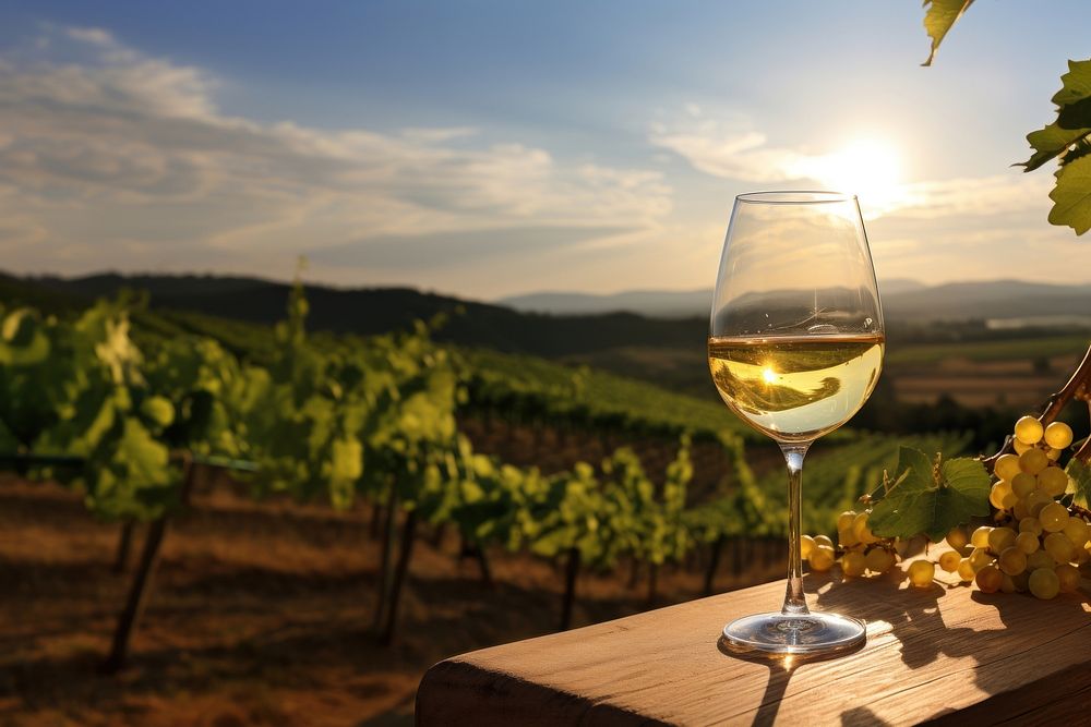 Wine glass with pouring white wine vineyard landscape outdoors. AI generated Image by rawpixel.