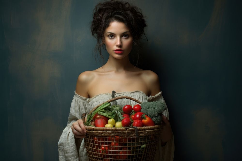 Woman holding shopping basket portrait fruit adult. AI generated Image by rawpixel.