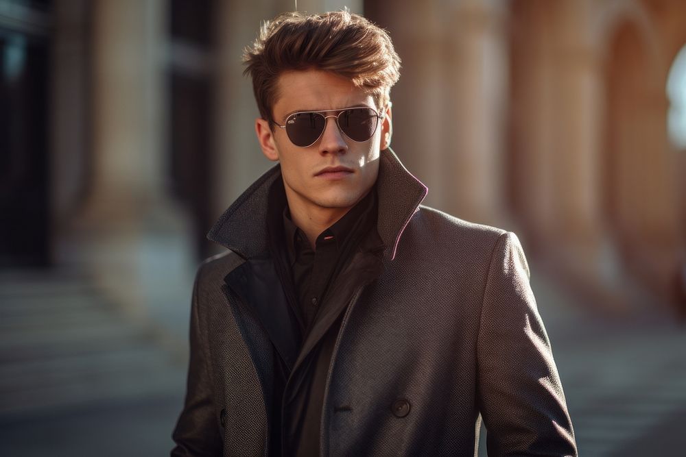 Young elegant man in long jacket sunglasses portrait outdoors. AI generated Image by rawpixel.
