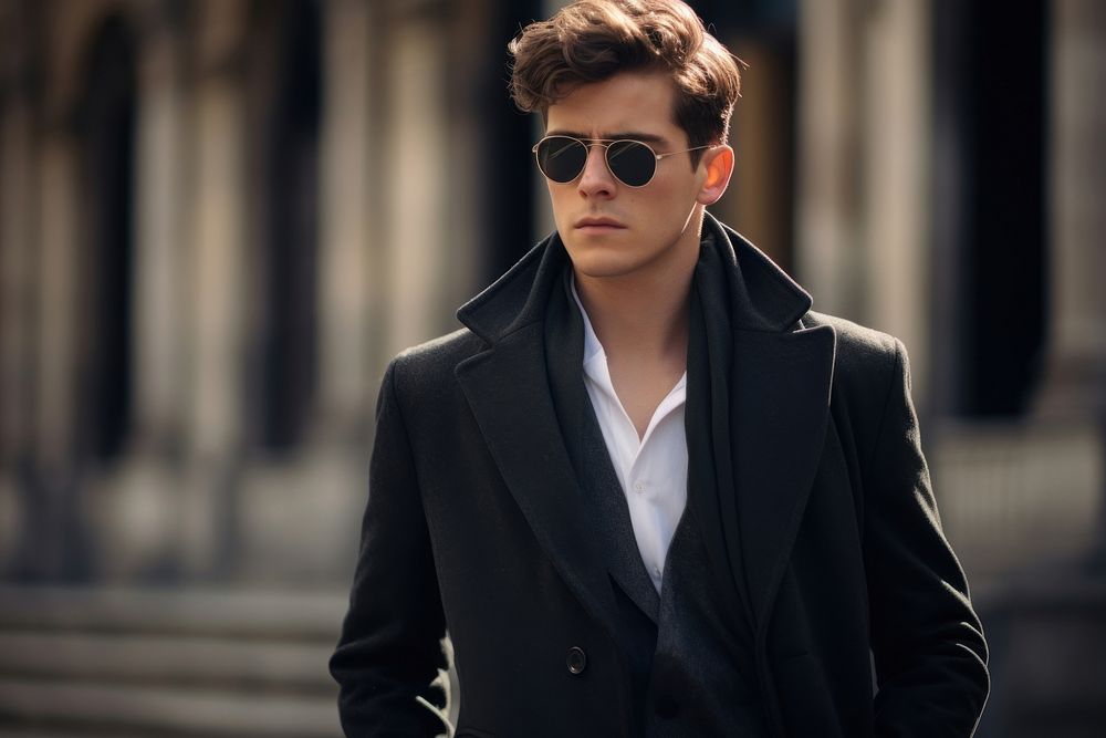 Young elegant man in long jacket sunglasses portrait outdoors. AI generated Image by rawpixel.
