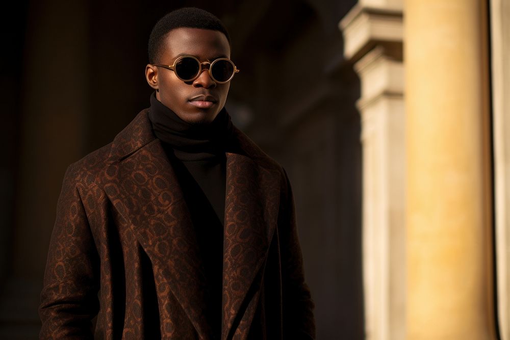 Young elegant african man in long jacket sunglasses portrait outdoors. AI generated Image by rawpixel.