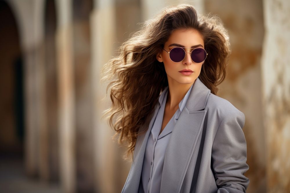 Young elegant woman in grey long jacket sunglasses portrait outdoors. AI generated Image by rawpixel.